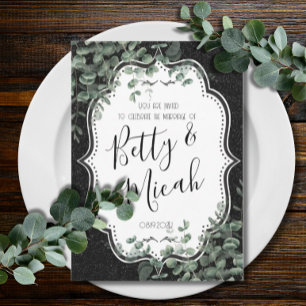 Invitation Parties scintillant noire et Mariage Eucalyptus