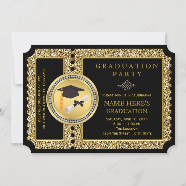 Invitation Parties scintillant noire et or Graduation (Devant)