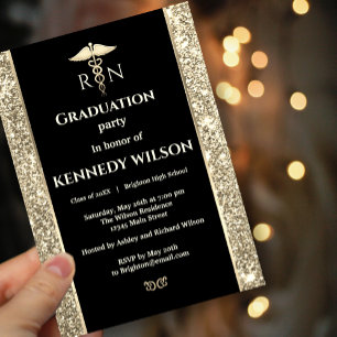 Invitation Parties scintillant noire et or Graduation Médical