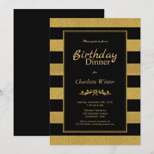 Invitation Parties scintillant noire et or rayé Anniversaire