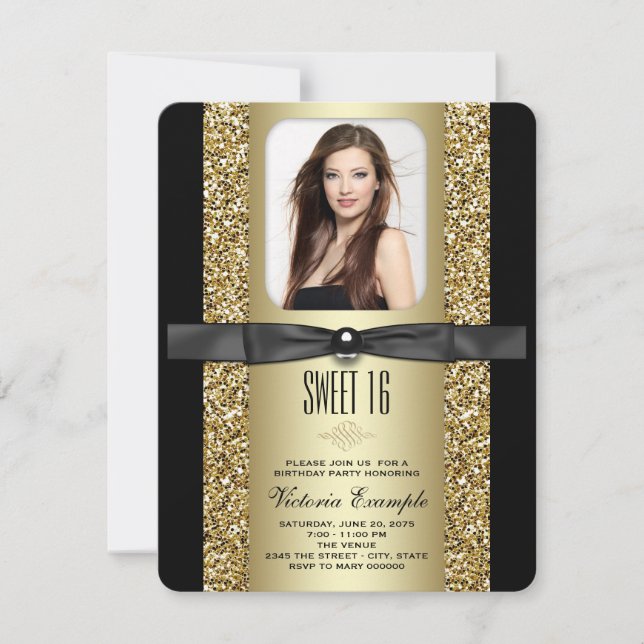 Invitation Parties scintillant noire et or Sweet 16 Party (Devant)