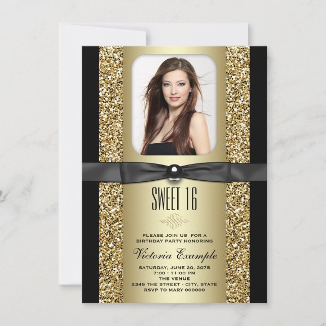 Invitation Parties scintillant noire et or Sweet 16 Party (Devant)
