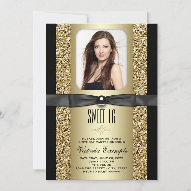 Invitation Parties scintillant noire et or Sweet 16 Party (Devant)
