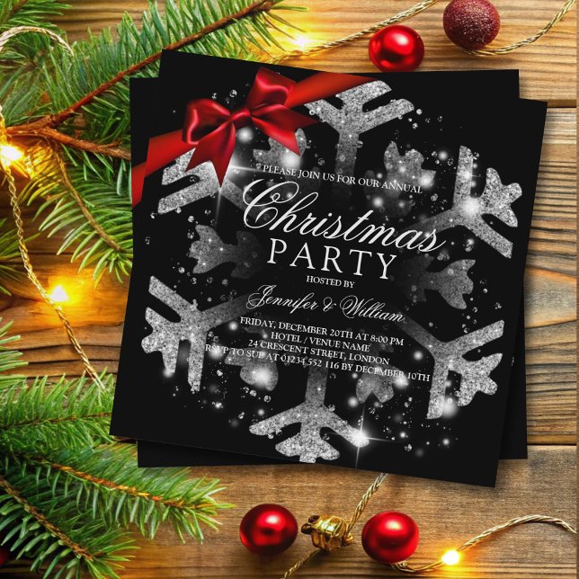 Invitation Parties scintillant noire et ruban argent | Fête d (Silver Black Glitter & Ribbon | Xmas Holiday Party Invitation)