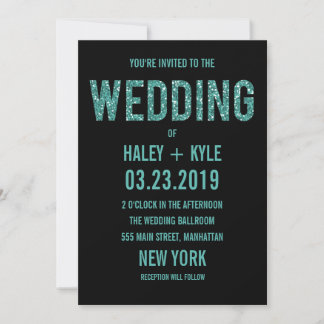Invitation Parties scintillant noire et turquoise Typographie