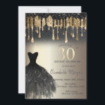 Invitation Parties scintillant noire Lecteurs Robe noire Or 3<br><div class="desc">Elégante parties scintillant noire et or gouttes,  et robe noire sur un arrière - plan or. Parfait pour une célébration anniversaire féminine élégante. Personnalisez avec vos propres détails.</div>