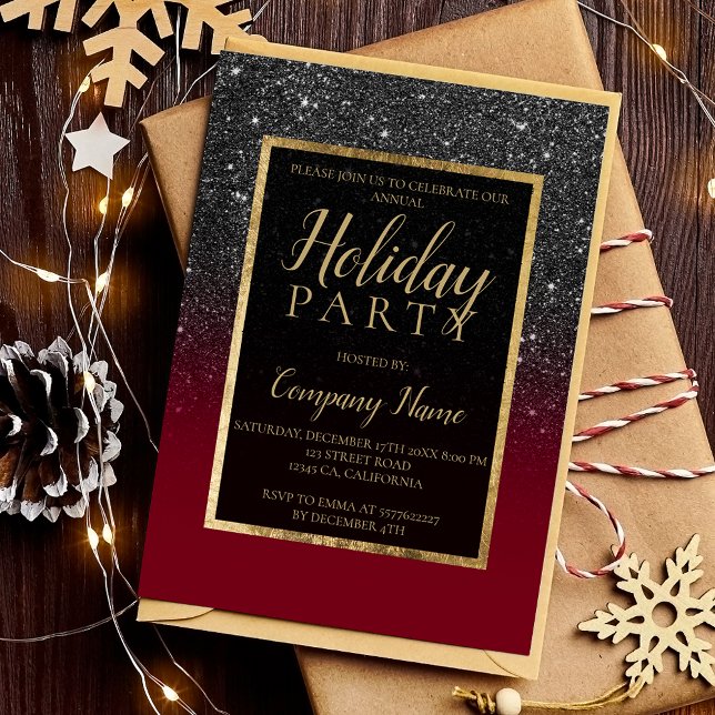 Invitation Parties scintillant noire or rouge entreprise (Black glitter gold red business corporate invitation)