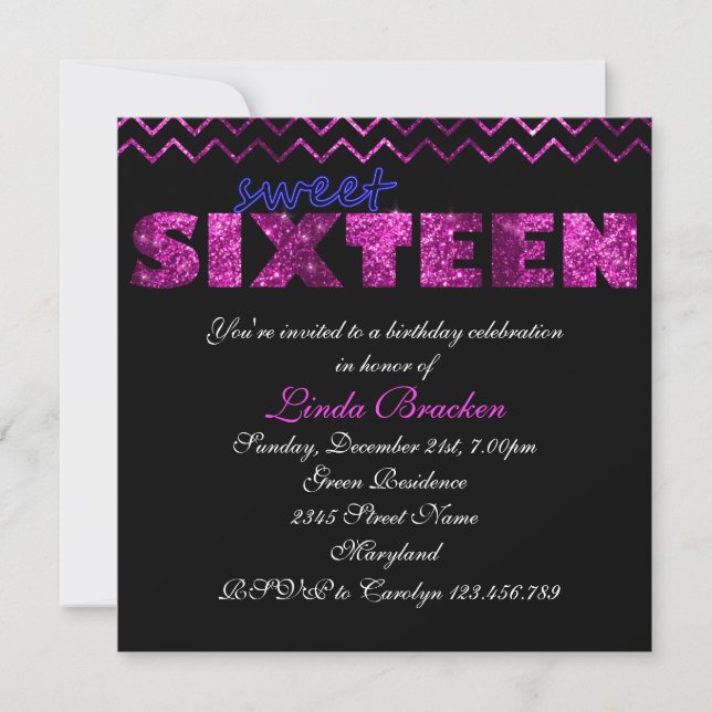 Invitation Parties scintillant noire rose Chevron Sweet sixte (Devant)