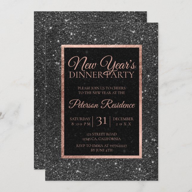 Invitation parties scintillant noire rose or luxe élégant Nou (Devant / Derrière)