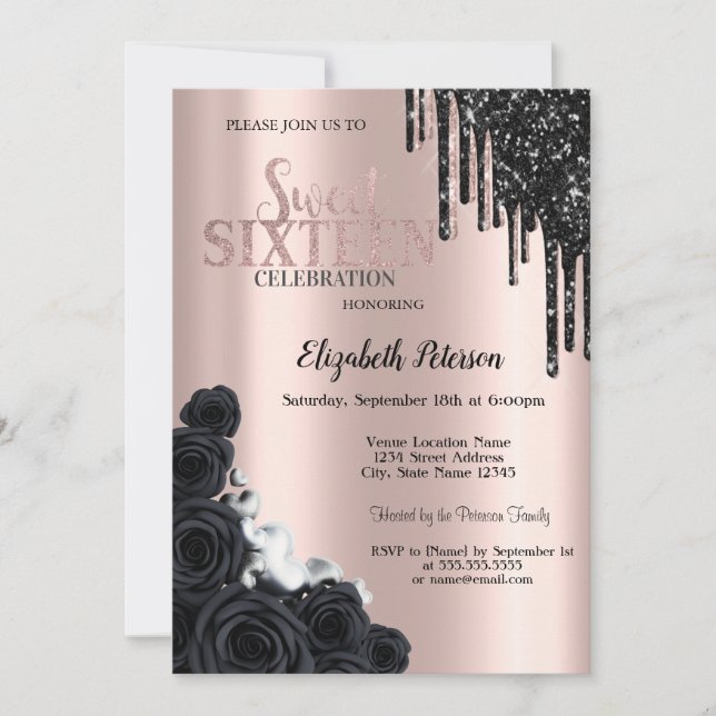 Invitation Parties scintillant noire, Roses, Rose Gold Sweet  (Devant)