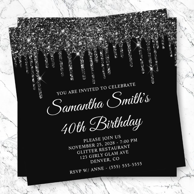 Invitation Parties scintillant noires 40e anniversaire (Black Glitter Drips 40th Birthday Invitation)
