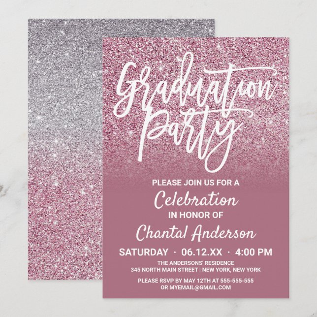 Invitation Parties scintillant Ombre Cassis Pink Silver Faux (Devant / Derrière)