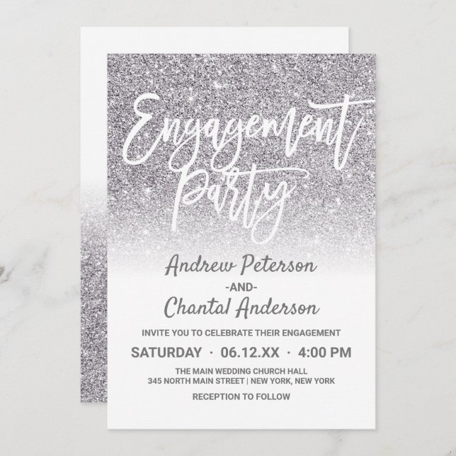 Invitation Parties scintillant ombre chic White Silver Faux F (Devant / Derrière)
