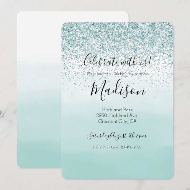 Invitation Parties scintillant Ombre de menthe (Devant / Derrière)