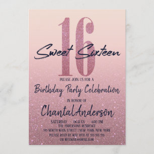 Invitation Parties scintillant Ombre Sweet sixteen Faux Rose 