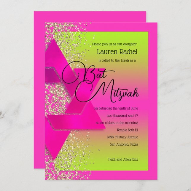 Invitation Parties scintillant or bat mitzvah Pink Green Ombr (Devant / Derrière)