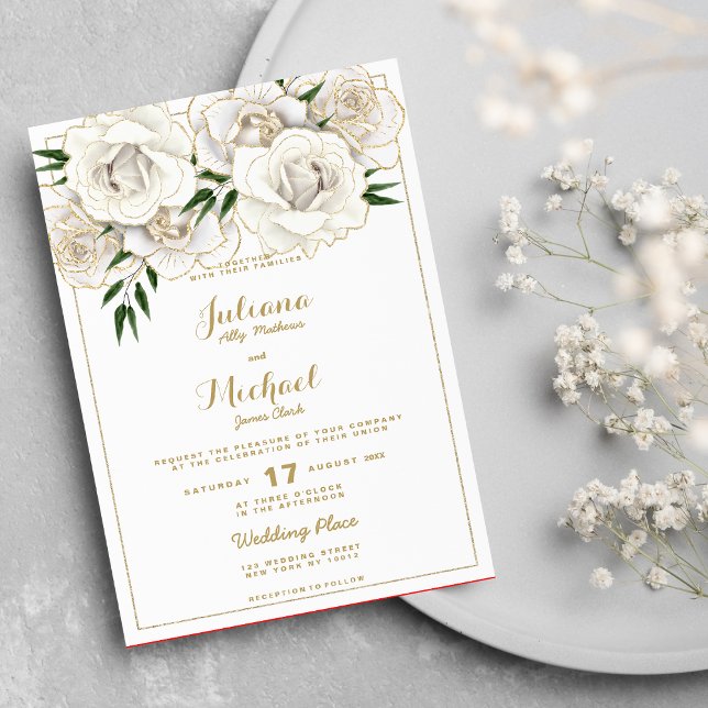 Invitation Parties scintillant or blanc rose Mariage fleurie  (Luxury white gold glitter roses floral Wedding )