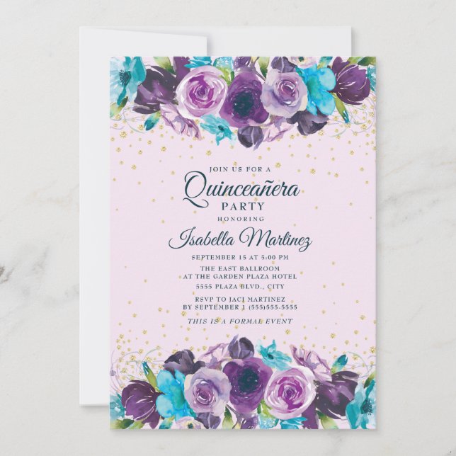 Invitation Parties scintillant or bleu violet Floral Quinceañ (Devant)