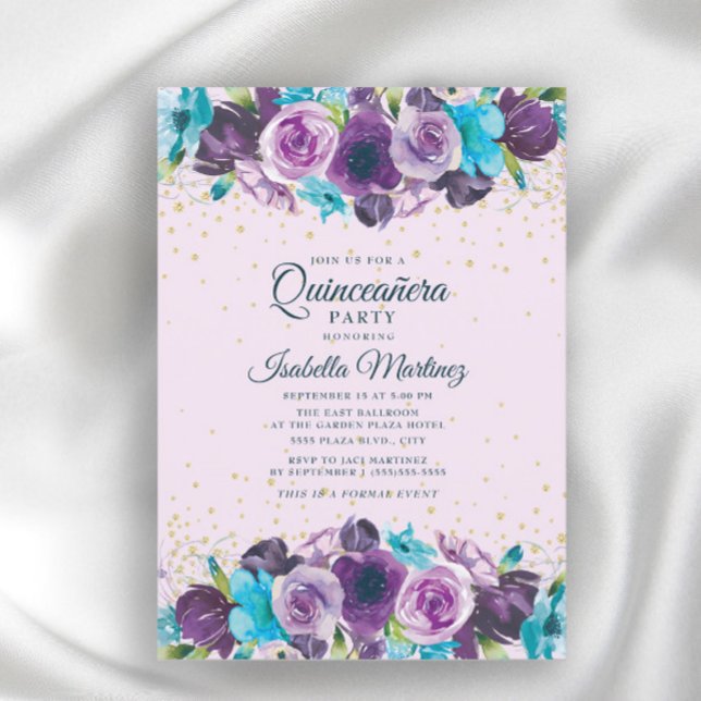 Invitation Parties scintillant or bleu violet Floral Quinceañ (Créateur téléchargé)