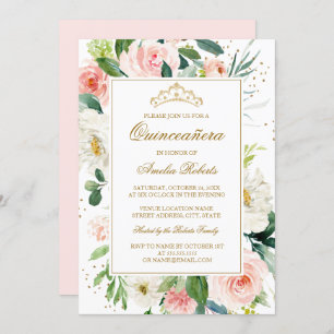 Invitation Parties scintillant Or Blush Floral Quinceanera An