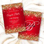 Invitation Parties scintillant or brillant rouge Ombre Fancy<br><div class="desc">Une élégante invitation monogrammée à 50ème anniversaire pour elle. Vous pouvez customiser le texte pour une autre célébration d'anniversaire. L'art numérique présente une parties scintillant d'or étincelante avec des éclats supplémentaires contre une image d'ombre rouge vif. On peut customiser le monogramme de calligraphie noir et blanc de fantaisie. Tous les...</div>