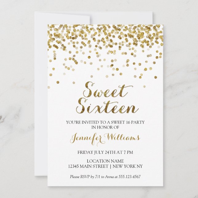 Invitation Parties scintillant Or Confetti Sweet sixteen 16 I (Devant)