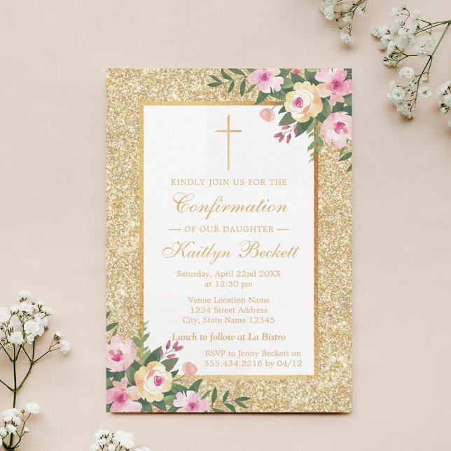 Invitation Parties scintillant Or Confirmation Florale Ou 1èr (Créateur téléchargé)