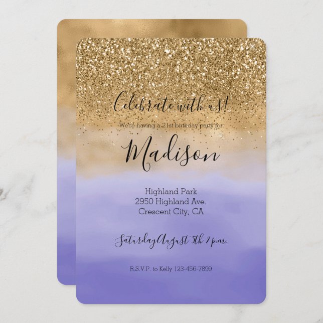 Invitation Parties scintillant or d'aquarelle violette fille (Devant / Derrière)