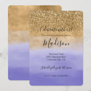 Invitation Parties scintillant or d'aquarelle violette fille