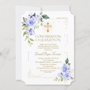 Invitation Parties scintillant Or de luxe Fleurs bleues garço