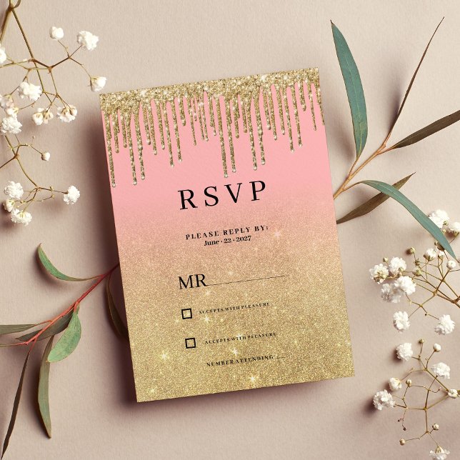 Invitation Parties scintillant or de luxe rose ombre gouttes  (Luxury gold glitter pink ombre drips RSVP )