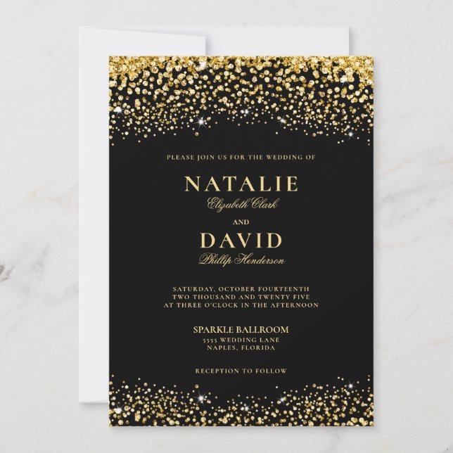 Invitation Parties scintillant Or de luxe sur Noir Elegant We (Devant)