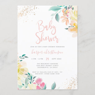 Invitation Parties scintillant or doux Baby shower floral ros
