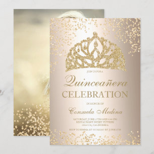 Invitation parties scintillant or en métal photo tiara Quince