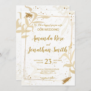 Invitation Parties scintillant or et feuilles sur blanc avec