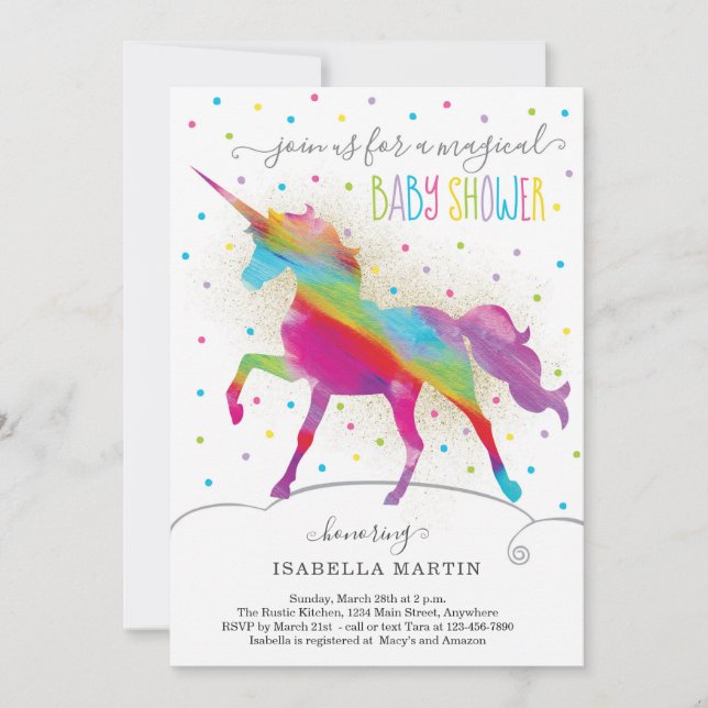Invitation Parties scintillant or et Rainbow Unicorn Girls Ba (Devant)