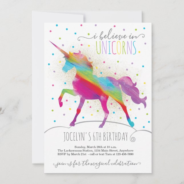 Invitation Parties scintillant or et Rainbow Unicorn Invitati (Devant)