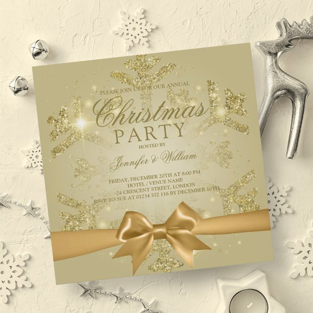 Invitation Parties scintillant or et ruban | Fête de Noël (Gold Glitter & Ribbon | Xmas Holiday Party Invitation)