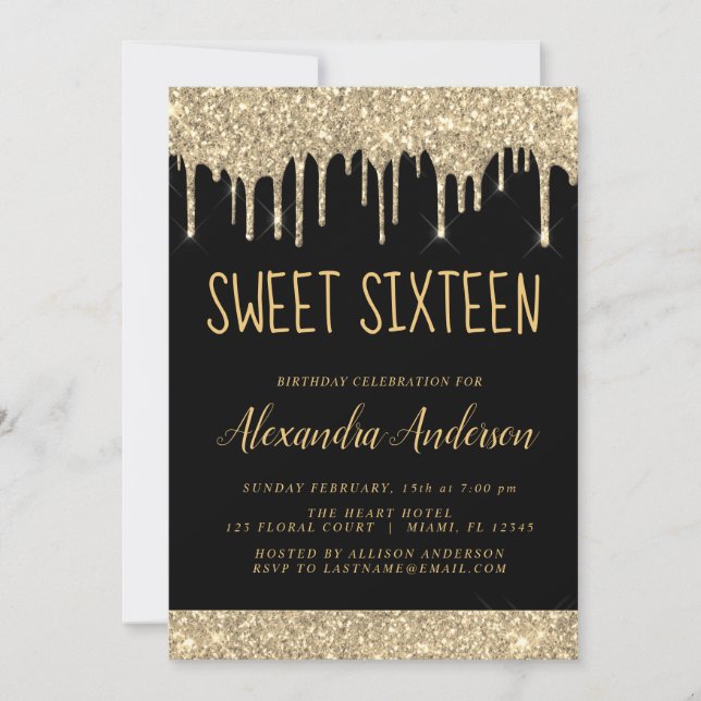 Invitation Parties scintillant or étincelle Sweet sixteen ann (Devant)