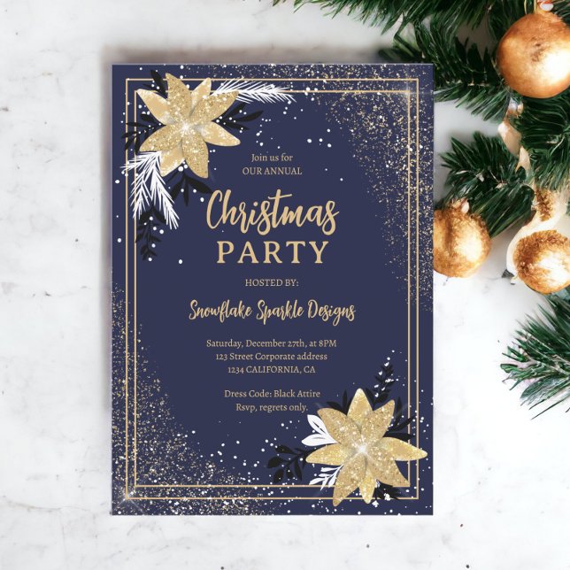Invitation Parties scintillant or floral marine bleu Entrepri (Gold glitter floral navy blue Corporate Christmas Invitation)