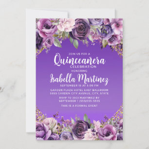 Invitation Parties scintillant or florale violet Quinceañera