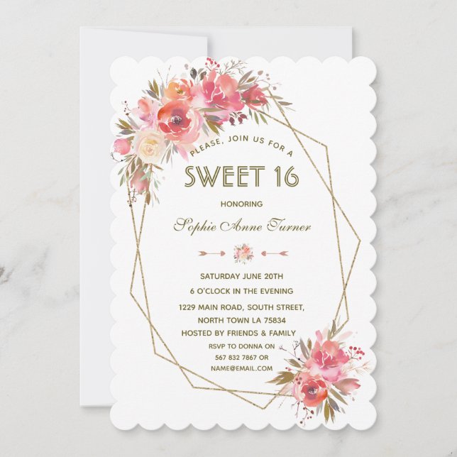 Invitation Parties scintillant or flush Blush Sweet sixteen (Devant)
