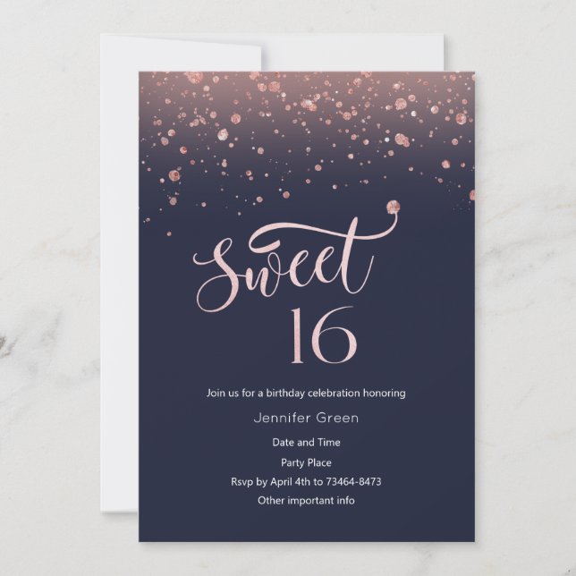 Invitation Parties scintillant or marine et Rose Sweet 16 Inv (Devant)
