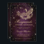 Invitation parties scintillant or mascarade masque prune Swee<br><div class="desc">Un sweet sixteen moderne,  chic et glamour avec une parties scintillant en or dessinée à la main masque mascarade avec parties scintillant en or rose scintille sur un arrière - plan d'aquarelle bordeaux prune sombre.</div>