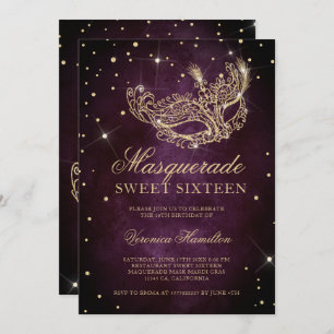 Invitation parties scintillant or mascarade masque prune Swee