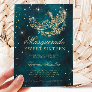 Invitation parties scintillant or mascarade masque turquoise 