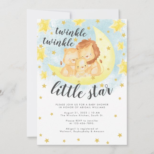 Invitation Parties scintillant or mignonne Twinkle Baby showe (Devant)