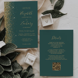 Invitation Parties scintillant Or moderne Dark Green QR Code