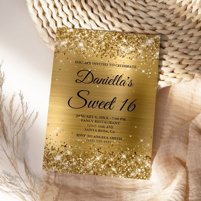 Invitation Parties scintillant or mousseux et huile sucrée 16 (Create your own golden glam Sweet 16 invite for her.)