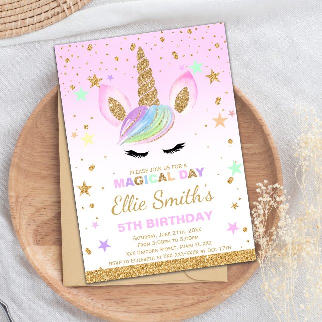 Invitation Parties scintillant or personnalisable Unicorn Ann (Gold Glitter Unicorn Party Invitations)